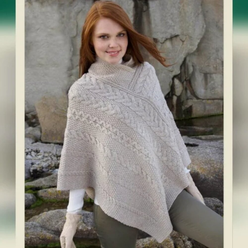 Inis Crafts 100% Merino Wool Aran Cable & Moss Knit Poncho